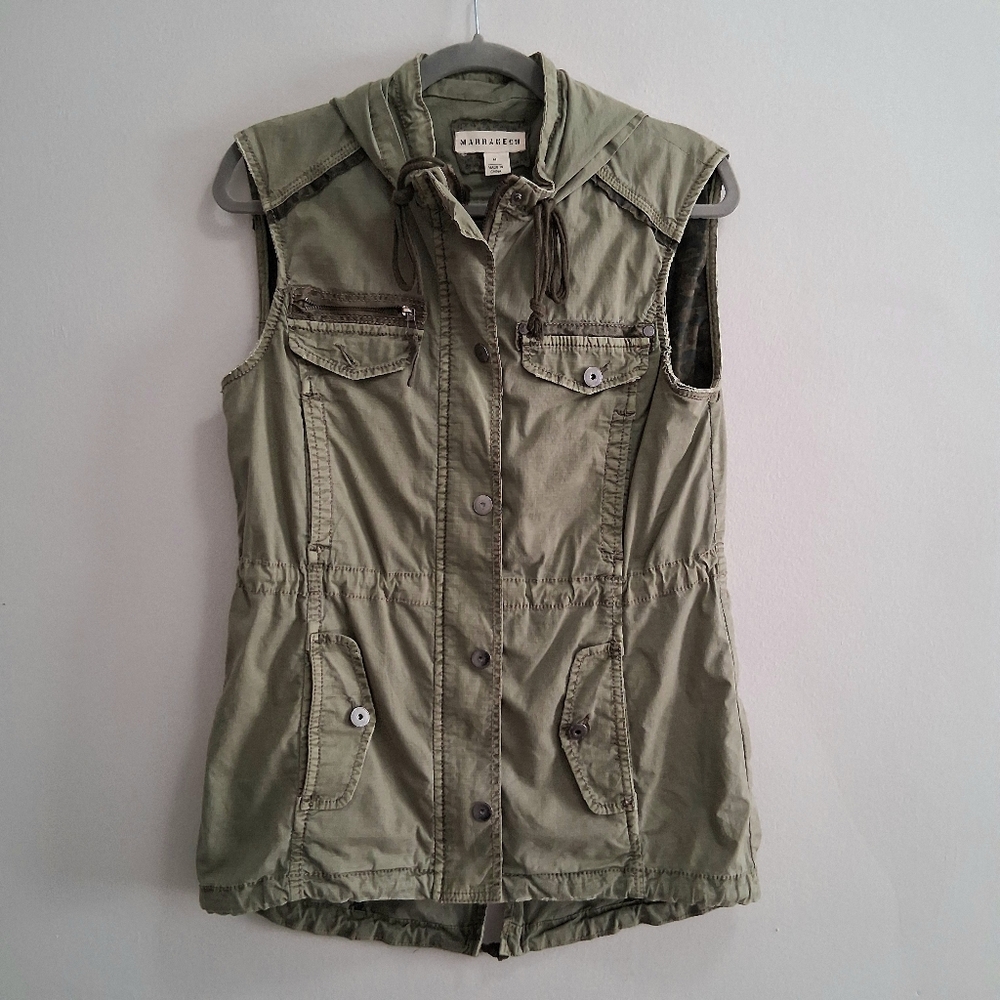 Marrakech Anthropologie Utility Hooded Olive Green Vest Jacket Size Medium
